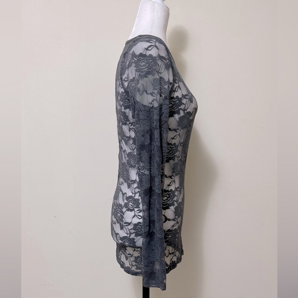 Color Story Sexy Sheer Gray Lace Roses Stretch Top Long Sleeves Pullover Top S/M - Picture 10 of 15